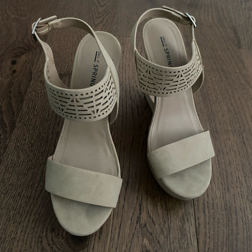 Call It Spring Beige Cutout Wedge Sandals - Picture 2 of 5